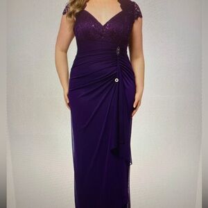 Betsy & Adam KIM Sheer Matte Jersey Lace Gown Eggplant Sz 22 Plus NWT Ruched